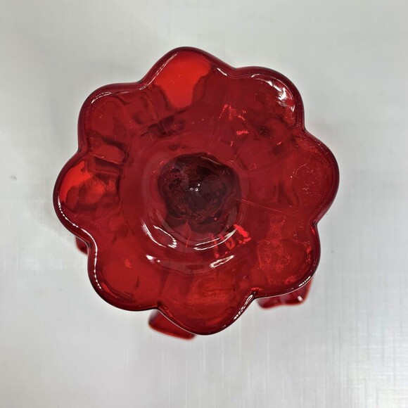 Fenton Ruby Red Glass Compote Cabbage Rose Vintage 60s Mid Century Crimped - Picture 4 of 7